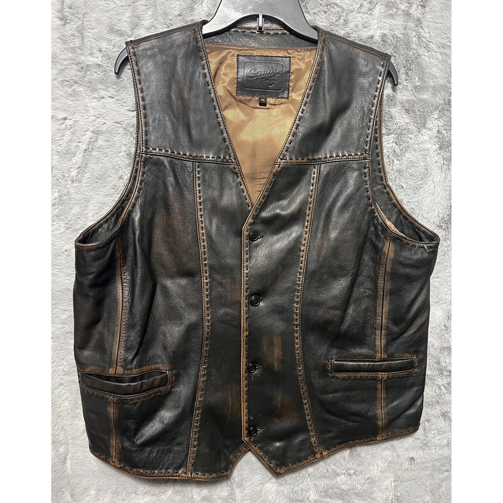 Vtg Scully Men's Distressed Real Leather Vest XL Black Brown Button Front Biker
